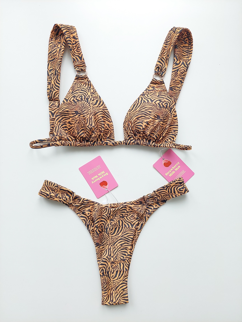 Strawberry Milk Mob TOP ONLY - L Desert Lily Tiger-Print Triangle Bikini Swim